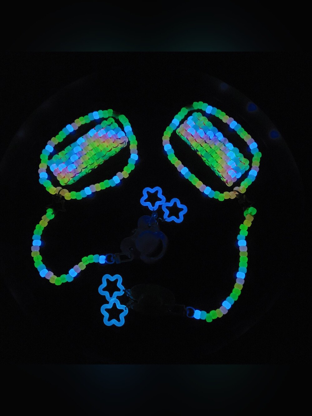 Rave 6pc glow Rainbow cuff choker earrings binky & cord (kandi Sour Patch)